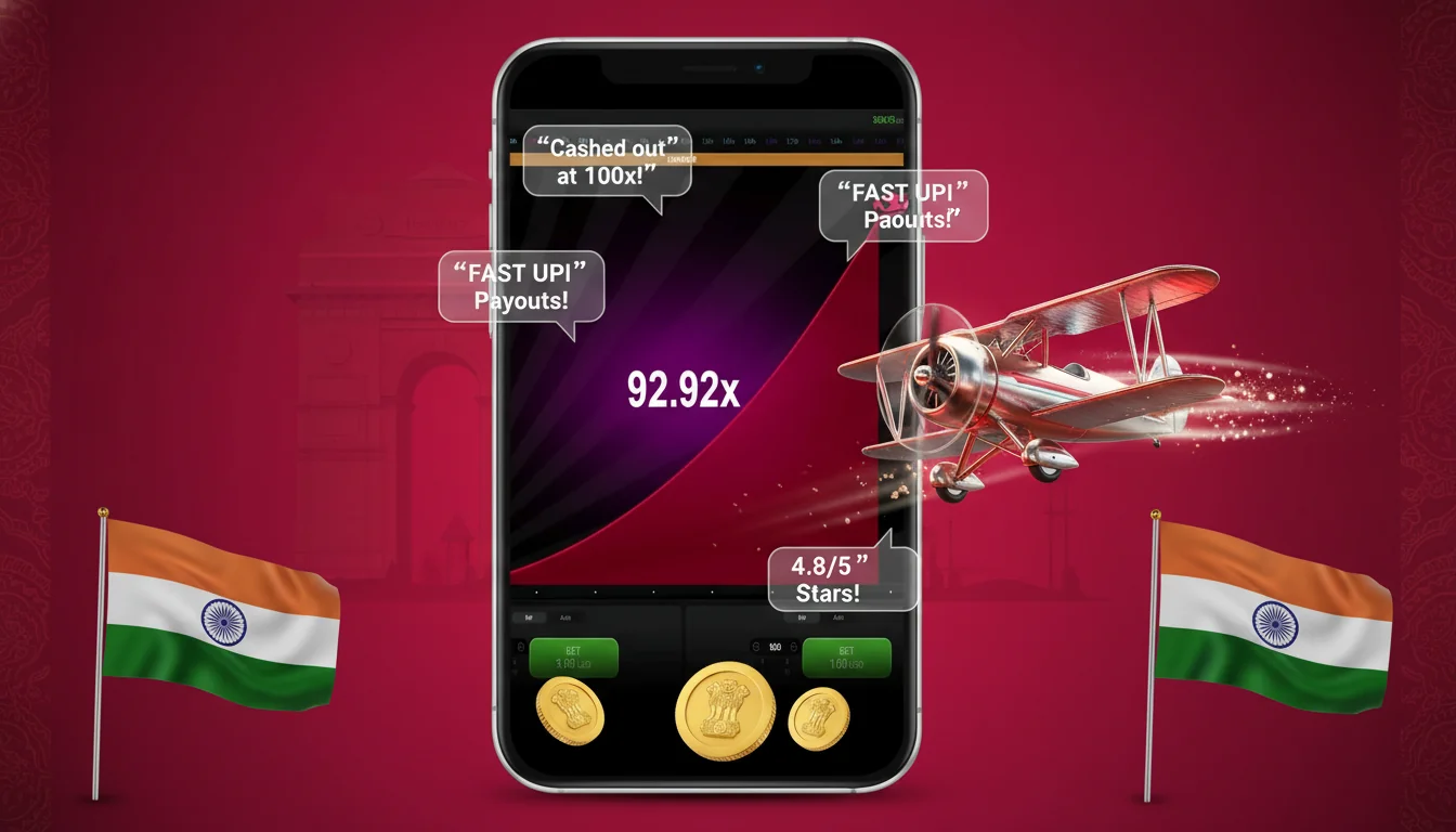 Aviator game interface in the centre surrounded by floating player quote speech-bubbles - cashed out at 100x, fast UPI payout, 4.8/5 stars -